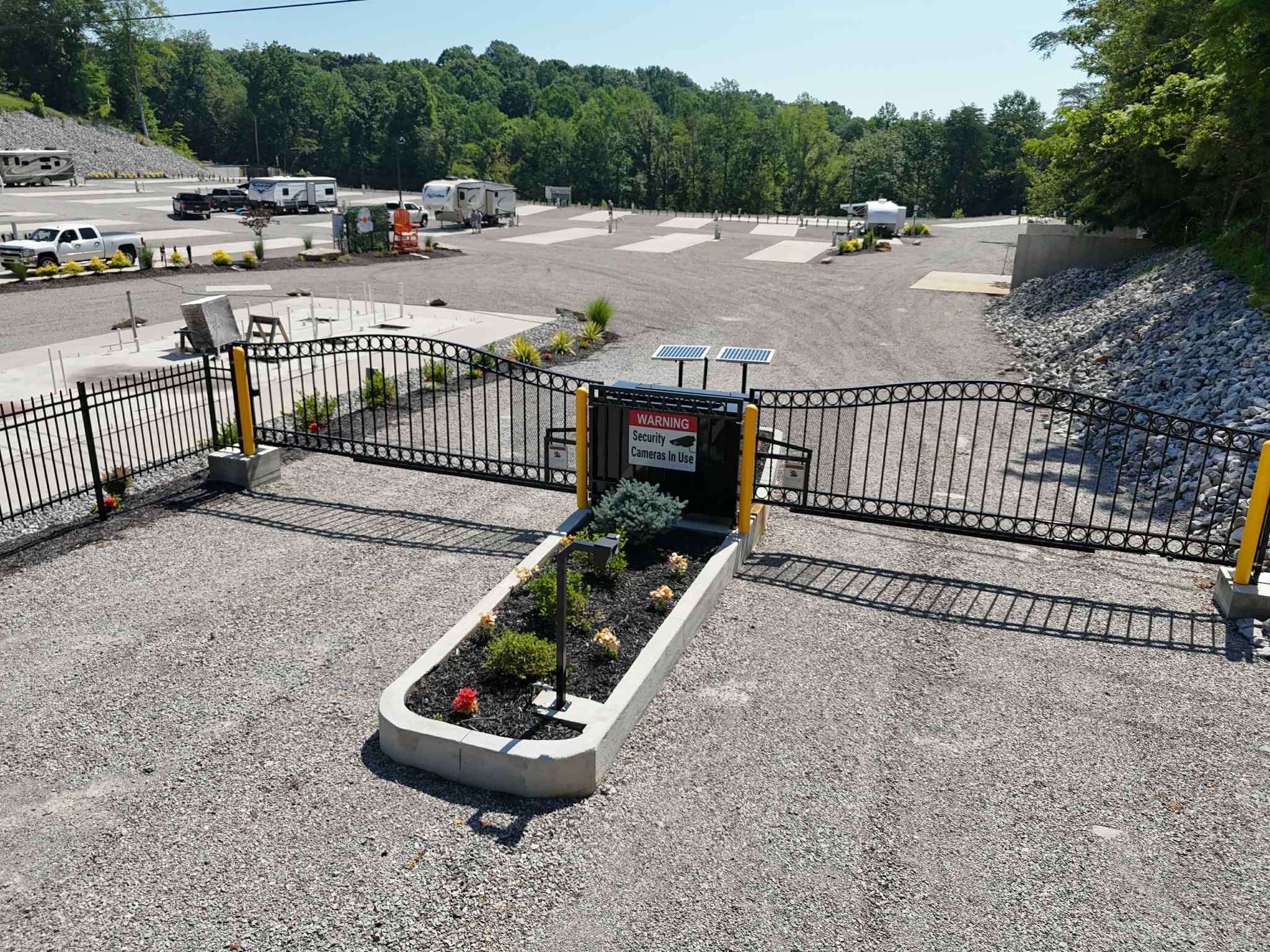 Gated entrance and new landscaping at Lakeside Oasis RV Park
